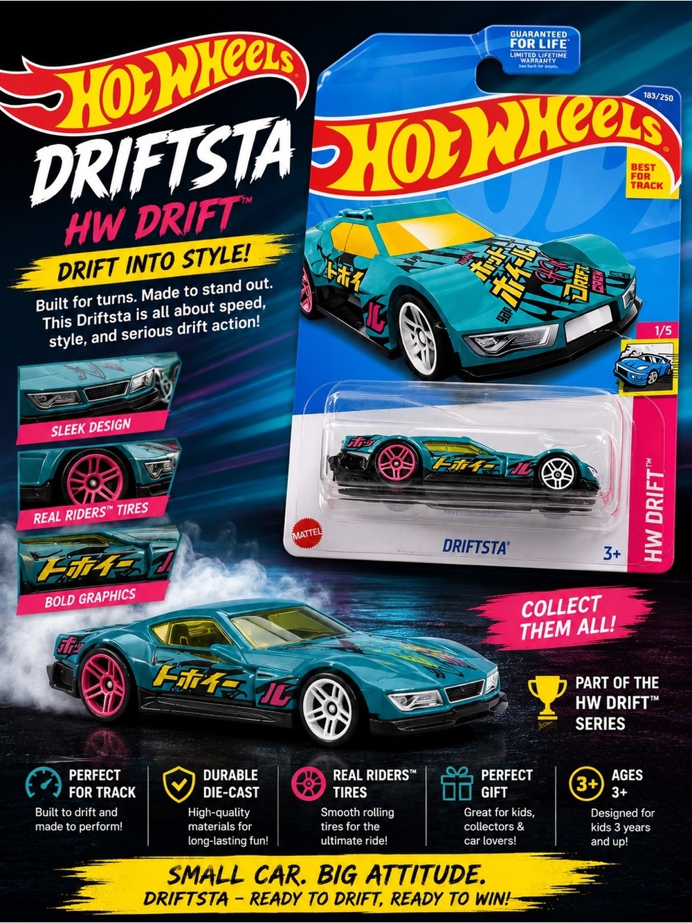 Hot Wheels Driftsta Teal Drift Car - Kids Toy Vehicle